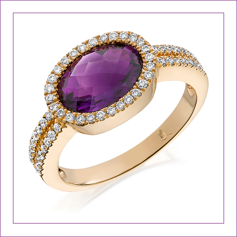 Ring-with a central amethyst stone and encircled with diamonds